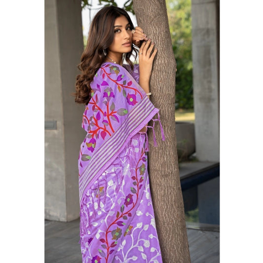 Women's Cotton Printed Saree With Unstitched Blouse (Lavender, 5-6 Mtrs)
