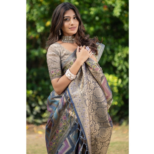 Women's Organza Printed Saree With Unstitched Blouse (Teal, 5-6 Mtrs)