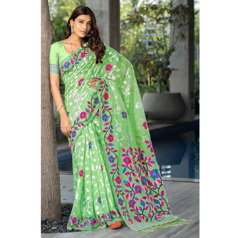 Women's Cotton Printed Saree With Unstitched Blouse (Green, 5-6 Mtrs)