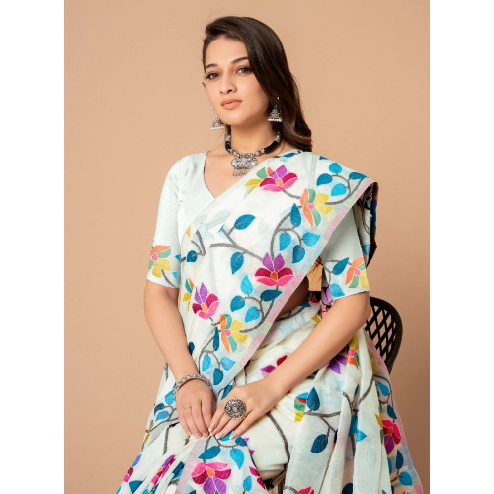 Women's Cotton Printed Saree With Unstitched Blouse (White, 5-6 Mtrs)