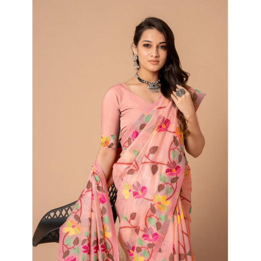 Women's Cotton Printed Saree With Unstitched Blouse (Pink, 5-6 Mtrs)