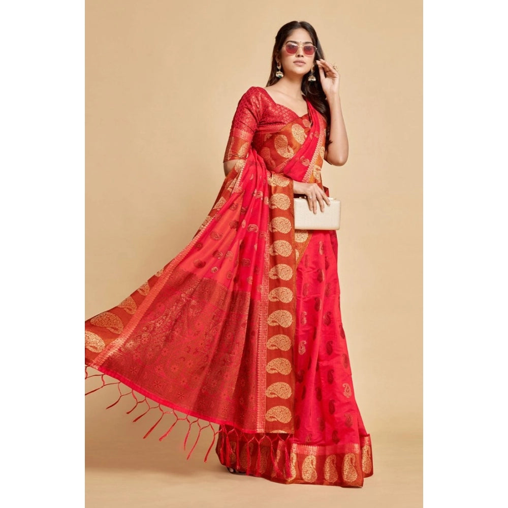 Women's Chanderi Cotton Printed Saree With Unstitched Blouse (Pink, 5-6 Mtrs)