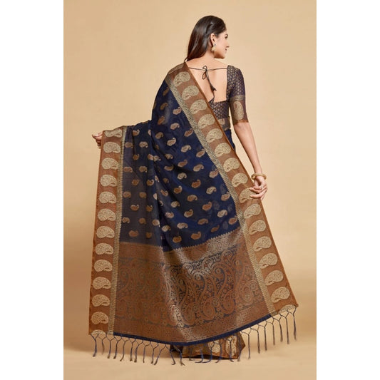 Women's Chanderi Cotton Printed Saree With Unstitched Blouse (Navy Blue, 5-6 Mtrs)