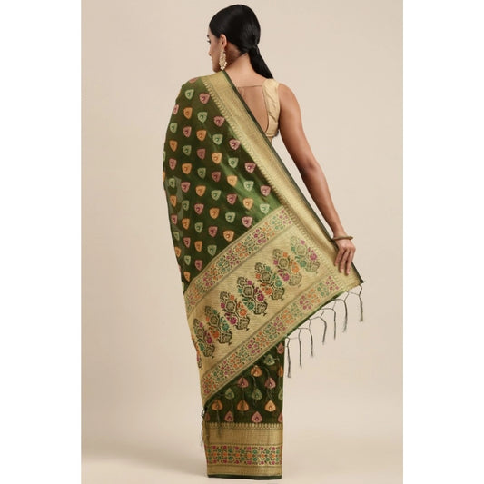 Women's Organza Printed Saree With Unstitched Blouse (Mahendi, 5-6 Mtrs)