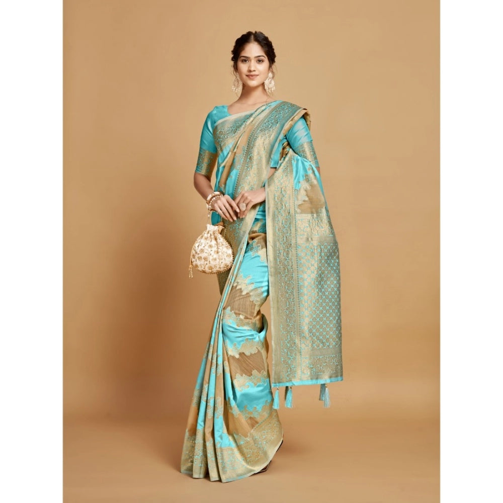 Women's Linen Printed Saree With Unstitched Blouse (Sky Blue, 5-6 Mtrs)