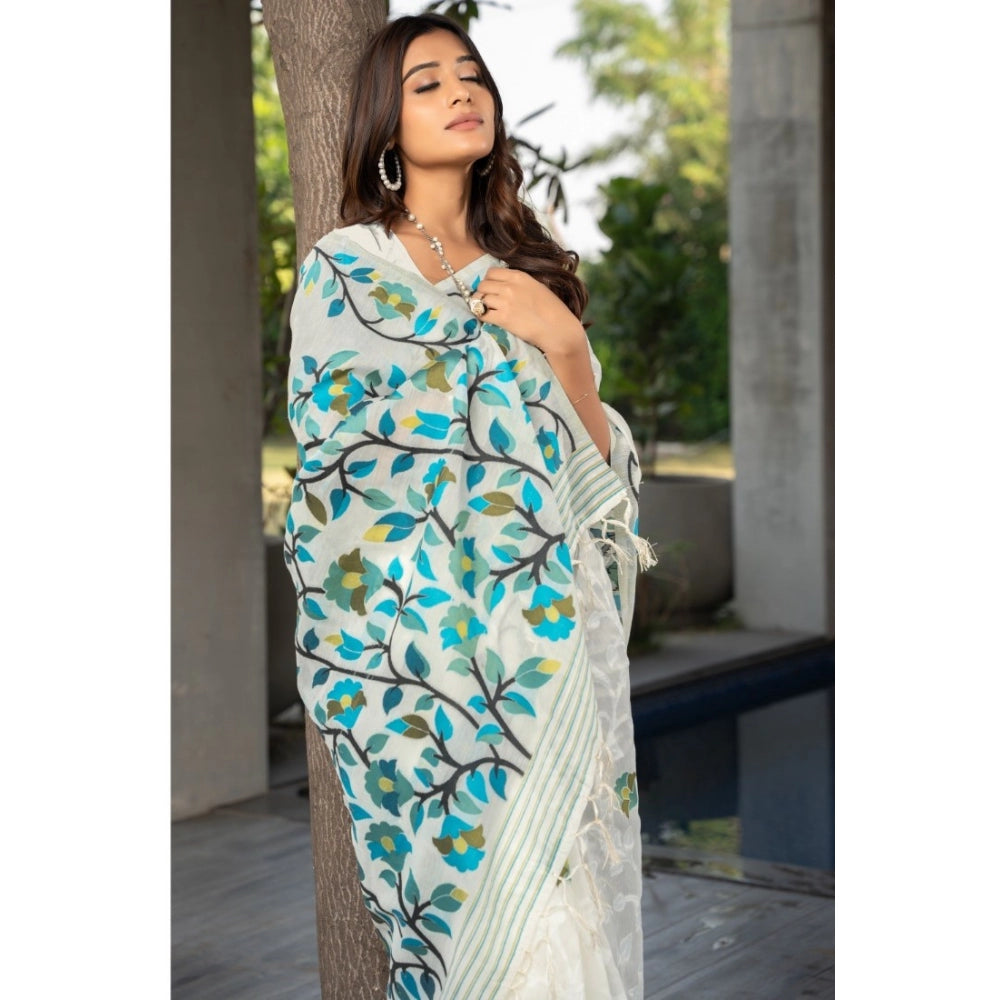 Women's Cotton Printed Saree With Unstitched Blouse (White, 5-6 Mtrs)