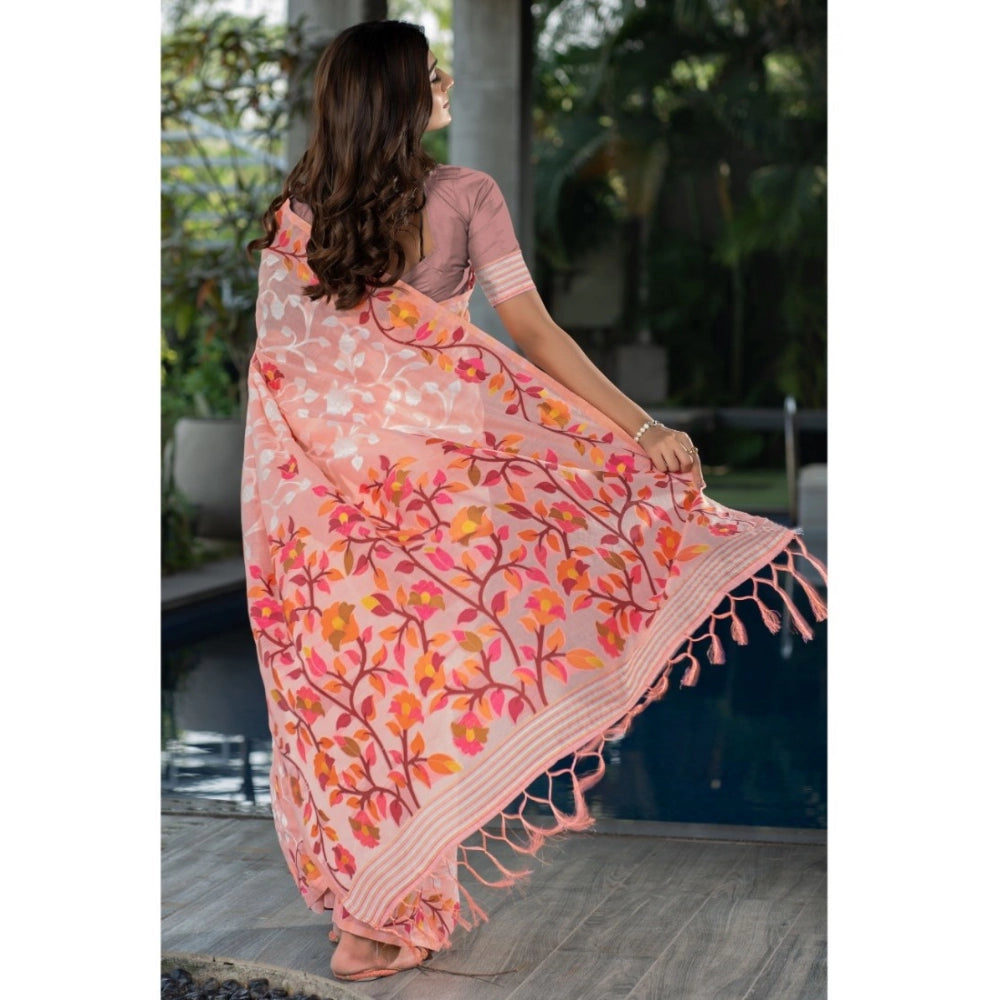 Women's Cotton Printed Saree With Unstitched Blouse (Peach, 5-6 Mtrs)