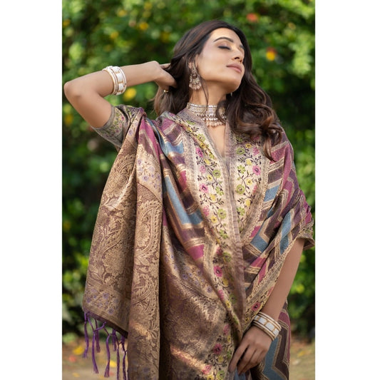 Women's Organza Printed Saree With Unstitched Blouse (Wine, 5-6 Mtrs)