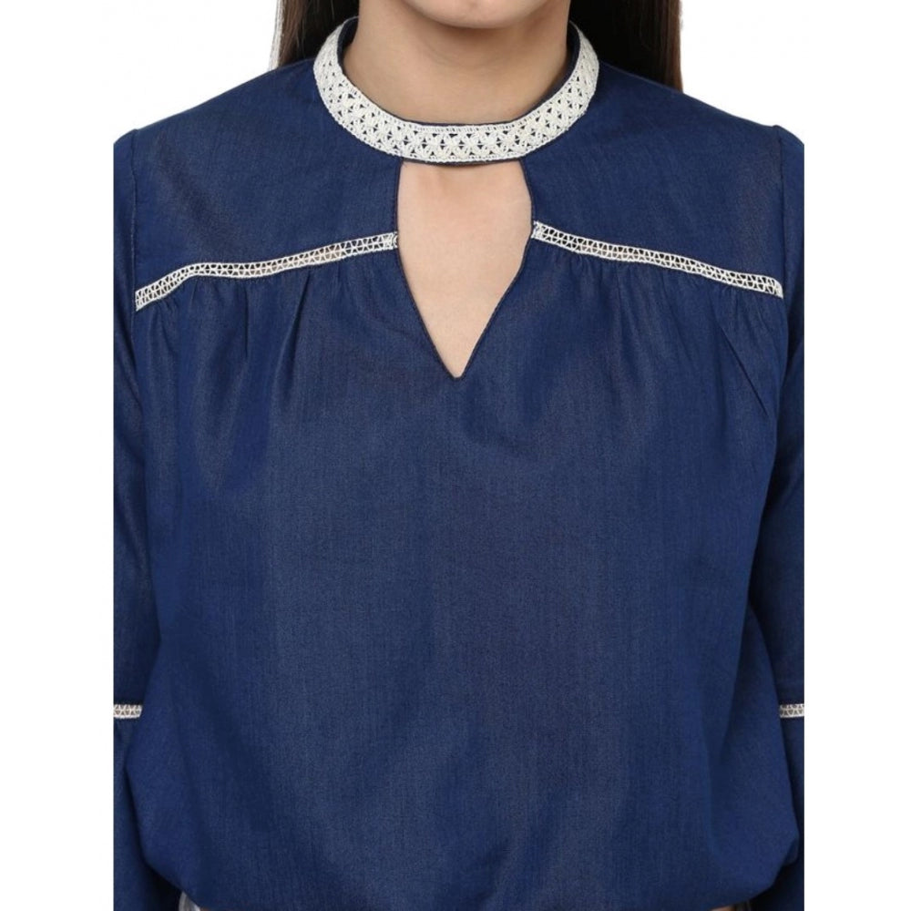 Blue polyester top for women — close-up