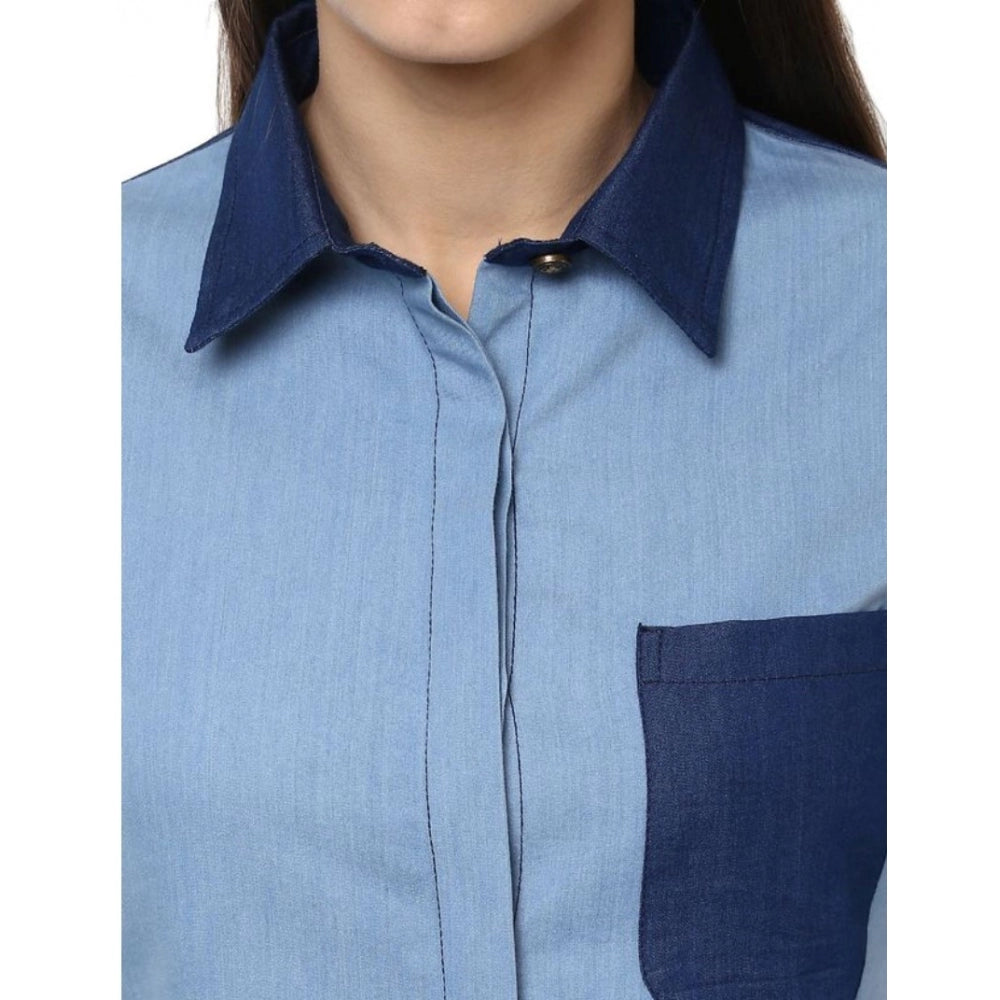Blue denim top for women — close-up