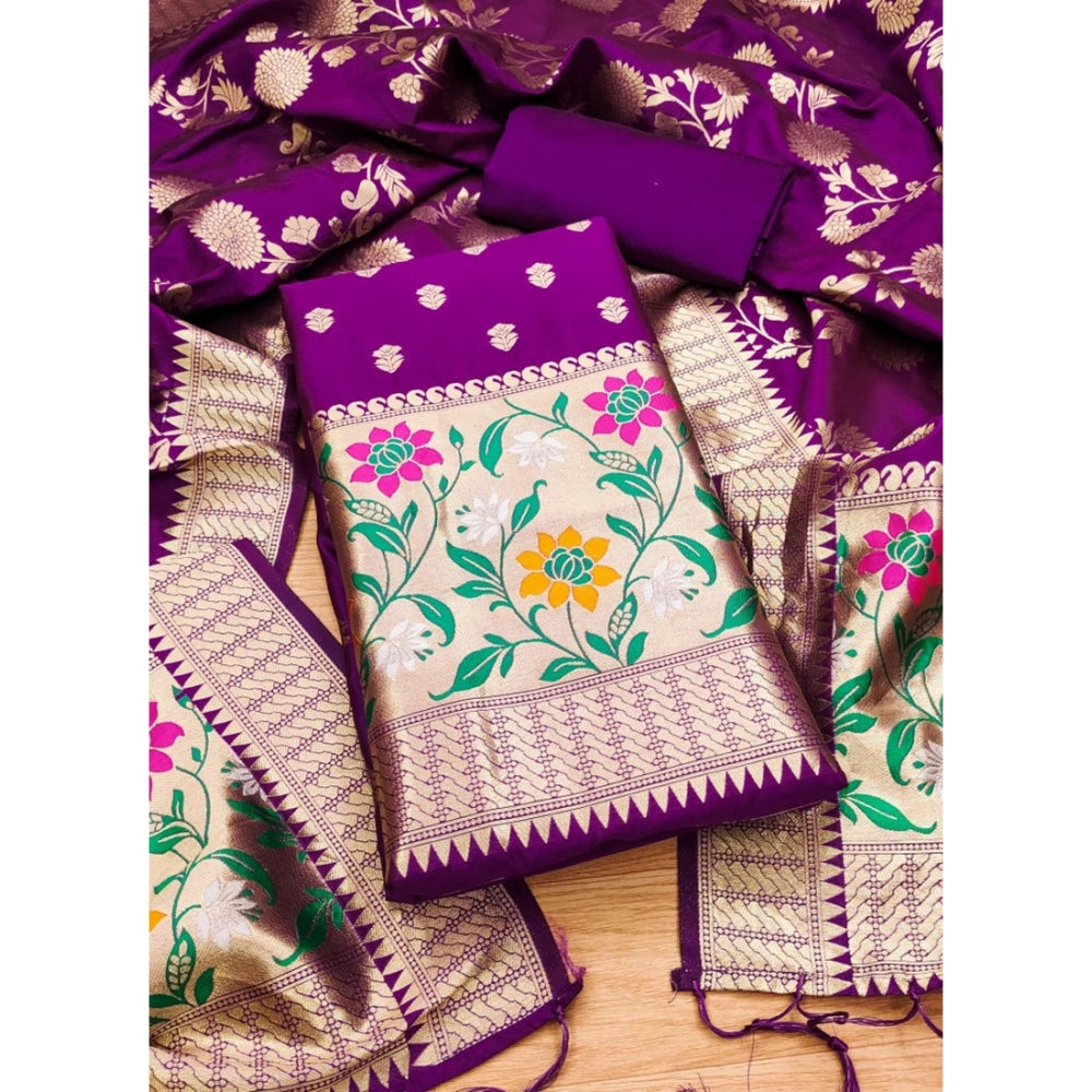 Purple banarasi silk unstitched salwar suit material — kameez fabric detail