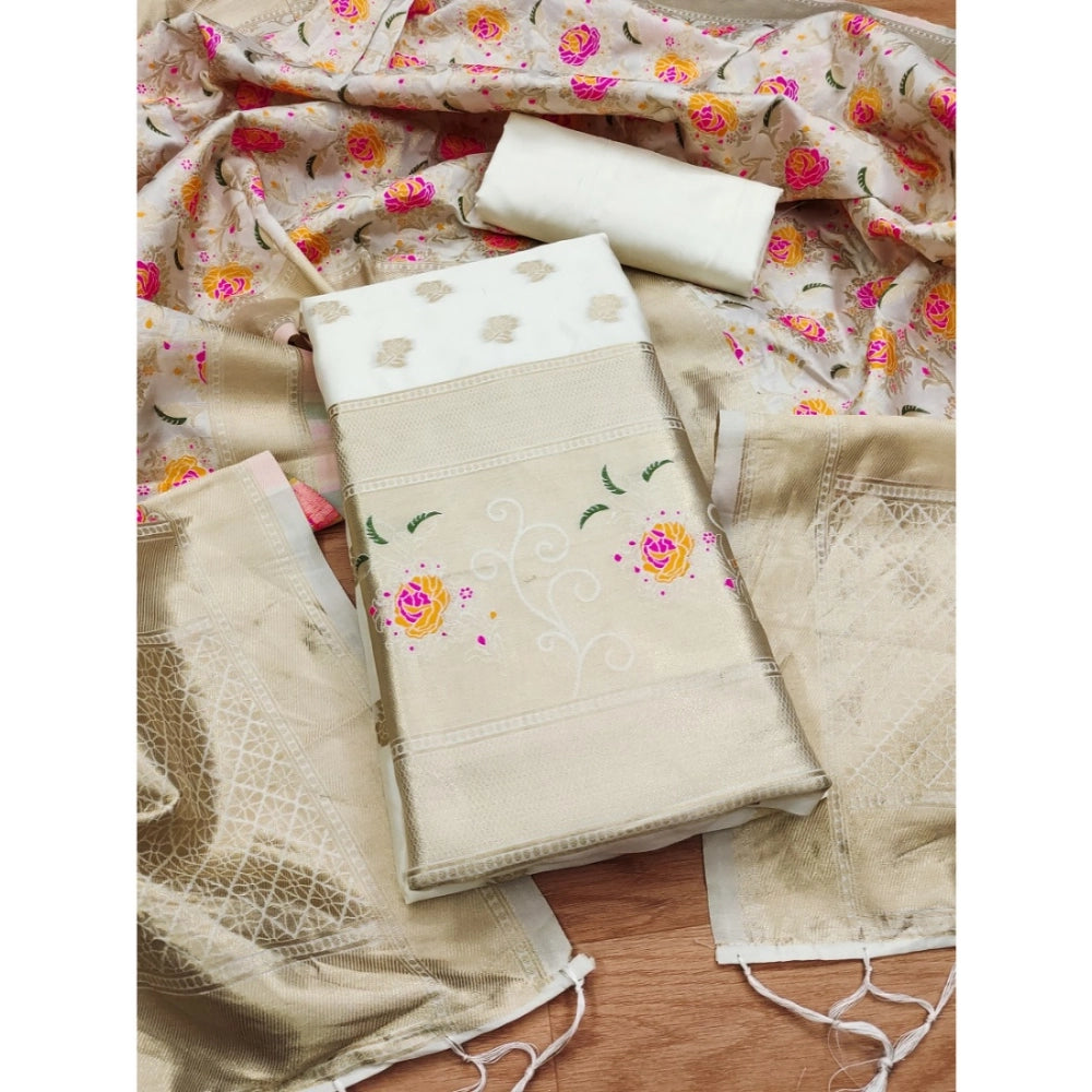 White banarasi silk unstitched salwar suit material — colour detail