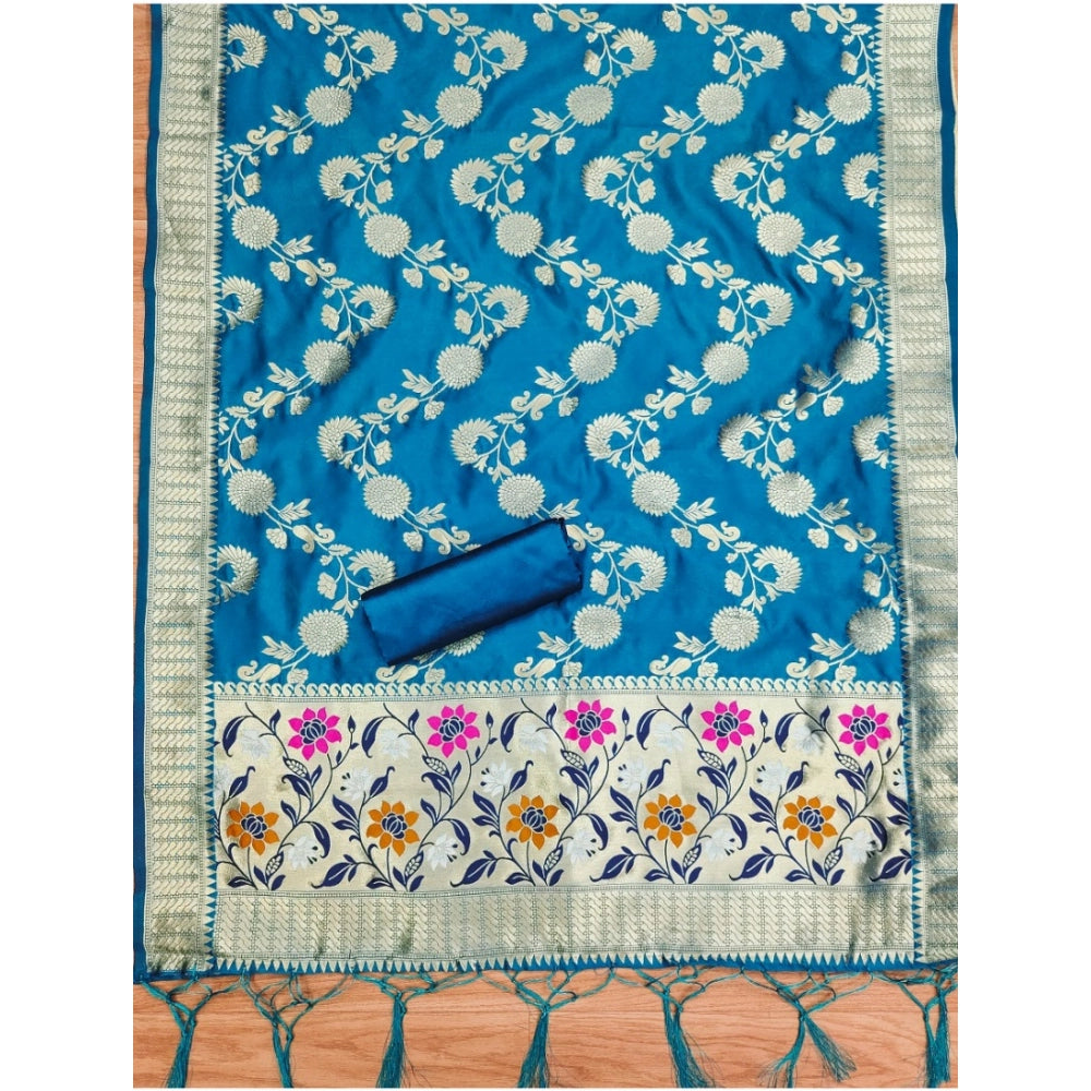 Blue banarasi silk unstitched salwar suit material — kameez fabric detail