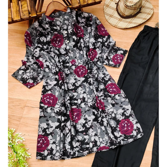 Women's Muslin Printed Mandarin Collar 3-4th Sleeve Kurti With Pant Set (Grey)