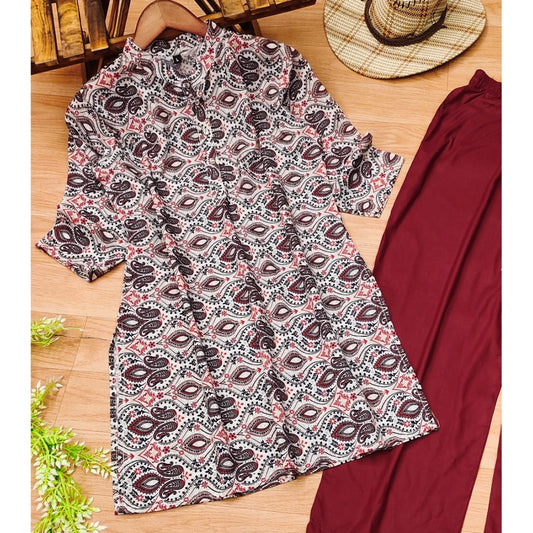 Women's Muslin Printed Mandarin Collar 3-4th Sleeve Kurti With Pant Set (Red Grey)