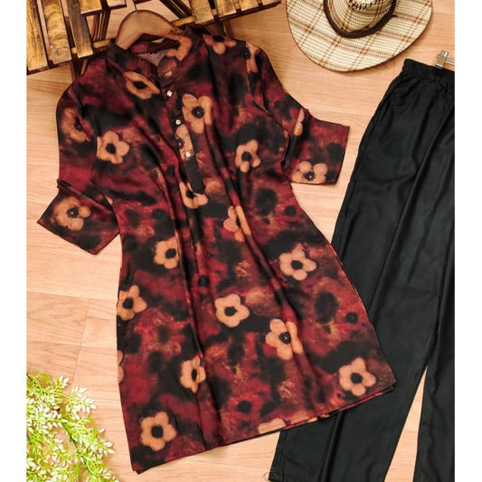 Women's Muslin Printed Mandarin Collar 3-4 th Sleeve Kurti With Pant Set (Black)