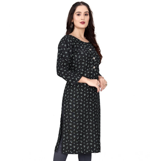 Women's Rayon Printed Round Neck 3-4 th Sleeve Kurti (Black)