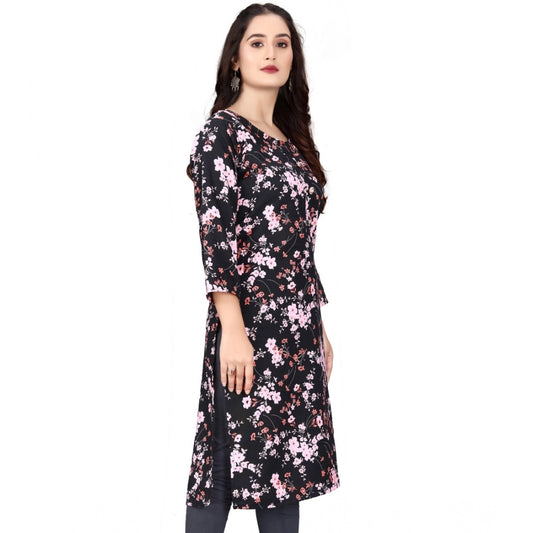 Women's Rayon Printed Round Neck 3-4 th Sleeve Kurti (Black)