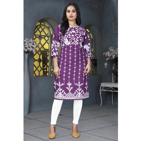 Women's Rayon Printed Round Neck 3-4th Sleeve Kurti (Purple)