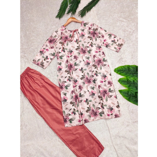Women's Rayon Printed Round Neck 3-4th Sleeve Kurti With Pant Set (Peach)