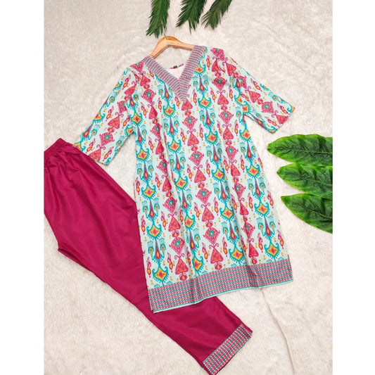 Women's Rayon Printed V Neck 3-4th Sleeve Kurti With Pant Set (Pink)