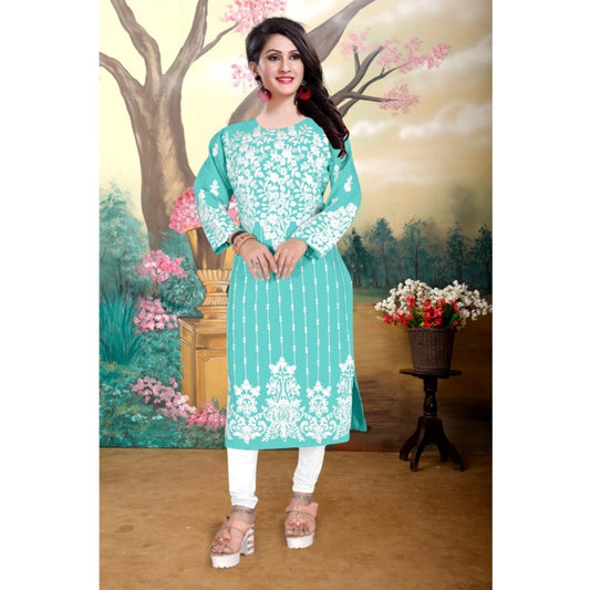 Women's Georgette Printed Round Neck 3-4th Sleeve Kurti (Sky)