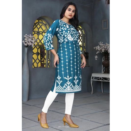 Women's Rayon Printed Round Neck 3-4th Sleeve Kurti (Rama)