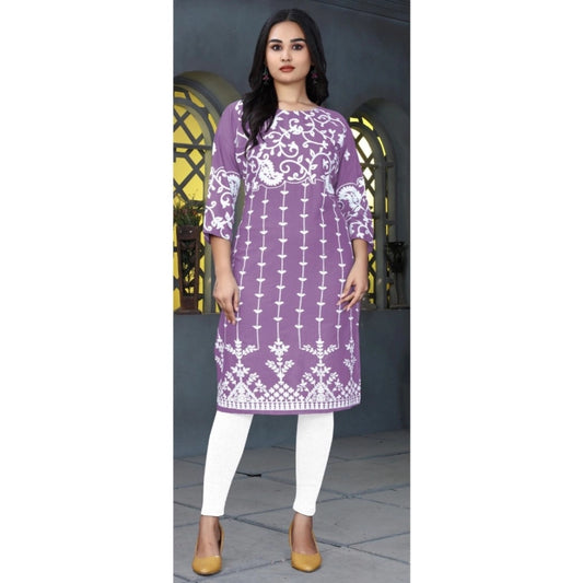 Women's Rayon Printed Round Neck 3-4th Sleeve Kurti (Lavender)