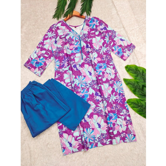 Women's Rayon Printed V Neck 3-4th Sleeve Kurti With Pant Set (Purple)