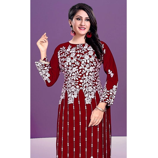 Women's Rayon Printed Round Neck 3-4th Sleeve Kurti (Maroon)