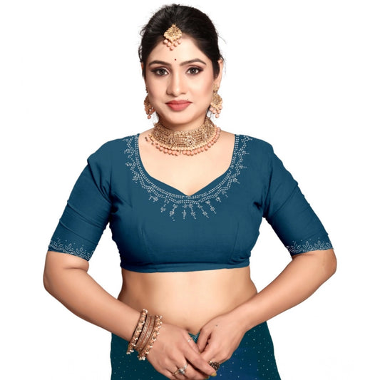 Women's Georgette Satin Silk Saree With Unstitched Blouse 5.5Mtr (Blue)