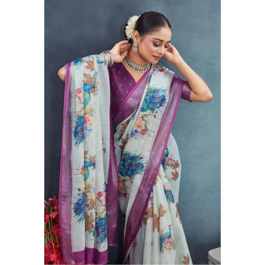 Women's Linen Floral Printed Saree With Unstitched Blouse 5.5Mtr (Magenta)