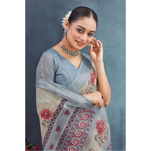 Women's Linen Floral Printed Saree With Unstitched Blouse 5.5Mtr (Beige)