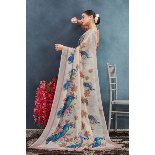 Women's Linen Floral Printed Saree With Unstitched Blouse 5.5Mtr (Beige)