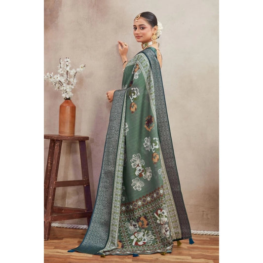 Women's Crepe Silk Printed Saree With Unstitched Blouse 5.5Mtr (Green)