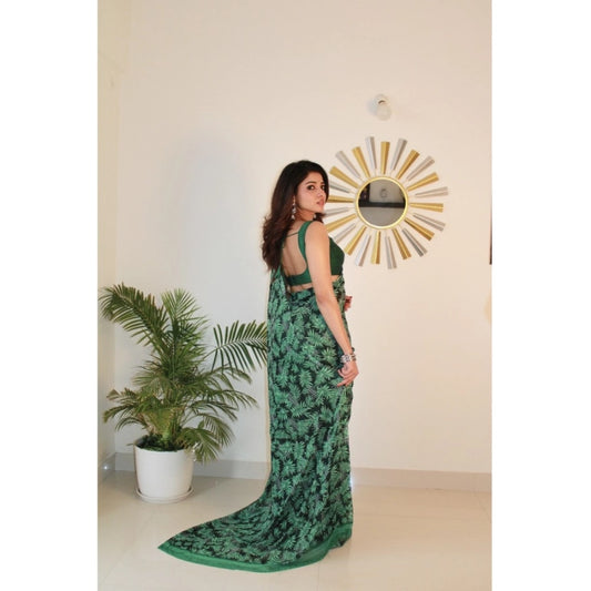 Women's Georgette Printed Saree With Unstitched Blouse 5.5Mtr (Dark Green )