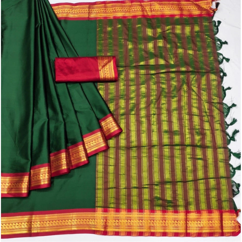 Women's Cotton Silk Solid Saree With Unstitched Blouse 5.5Mtr (Dark Green)