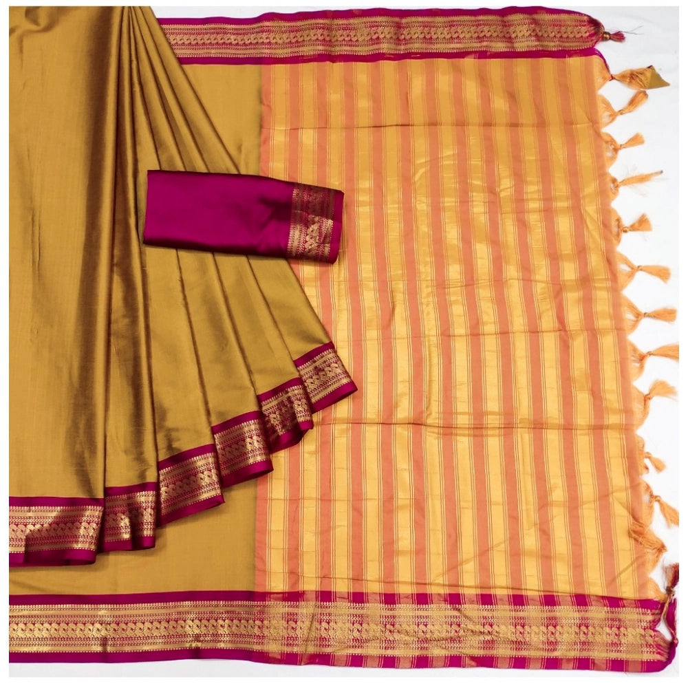 Women's Cotton Silk Solid Saree With Unstitched Blouse 5.5Mtr (Yellow)