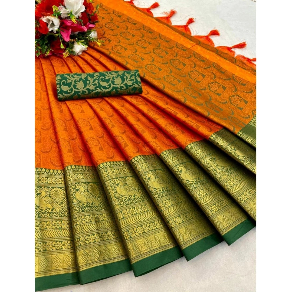 Women's Cotton Silk Printed Saree With Unstitched Blouse 5.5Mtr (Orange)