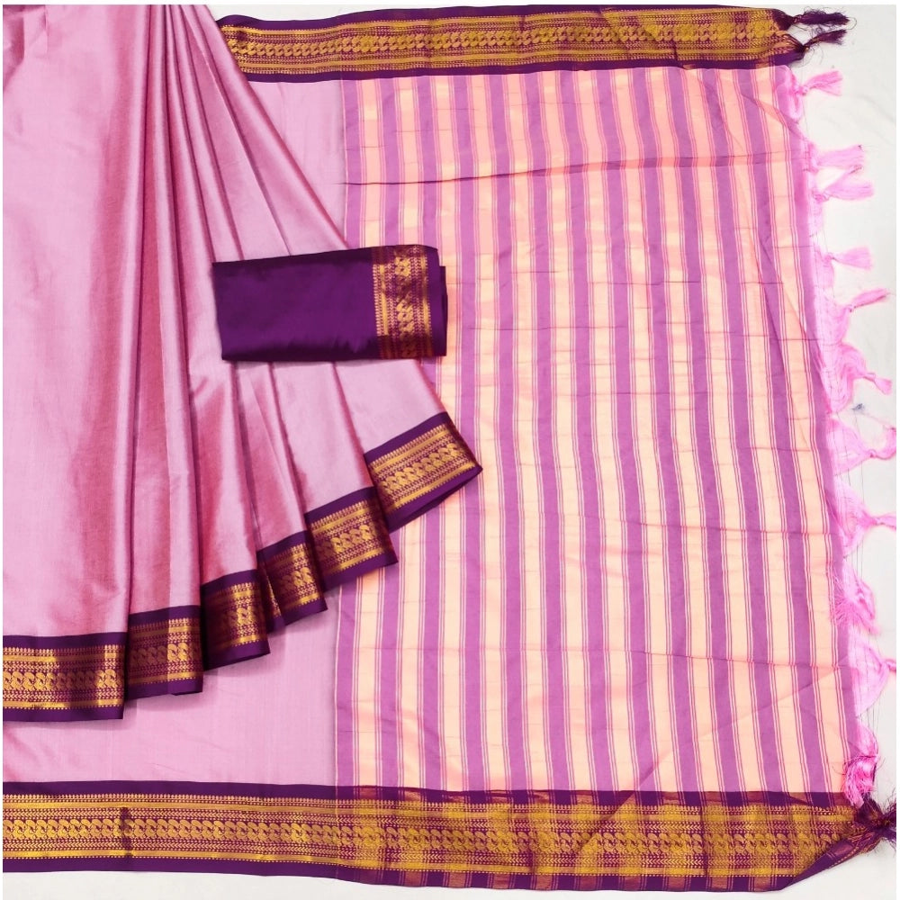 Women's Cotton Silk Solid Saree With Unstitched Blouse 5.5Mtr (Pink)