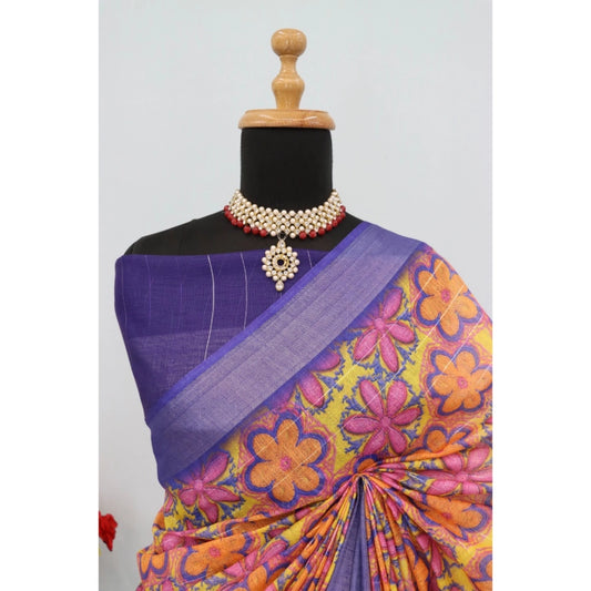 Women's Linen Digital Print Saree With Unstitched Blouse 5.5Mtr (Multicolor)