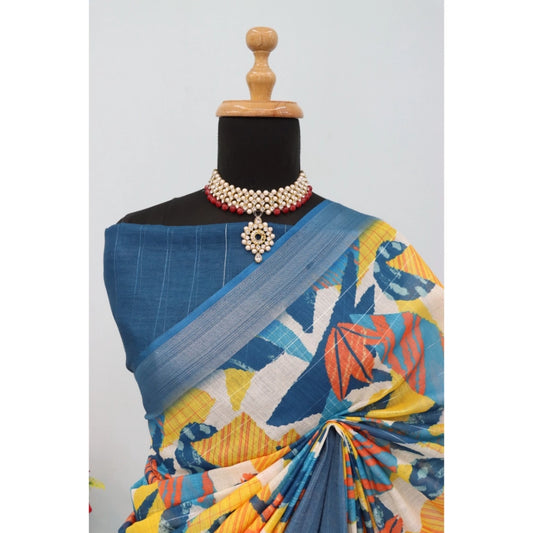Women's Linen Digital Print Saree With Unstitched Blouse 5.5Mtr (Multicolor)