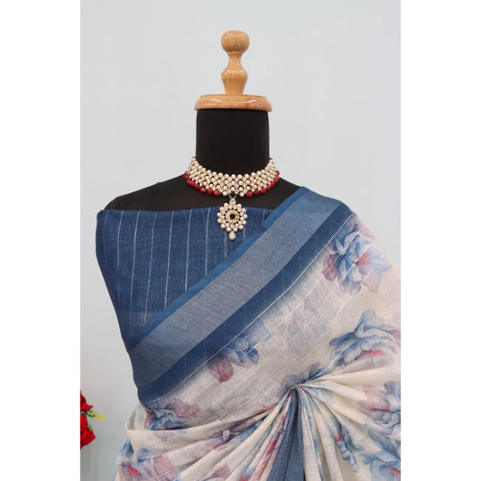 Women's Linen Digital Print Saree With Unstitched Blouse 5.5Mtr (Blue)