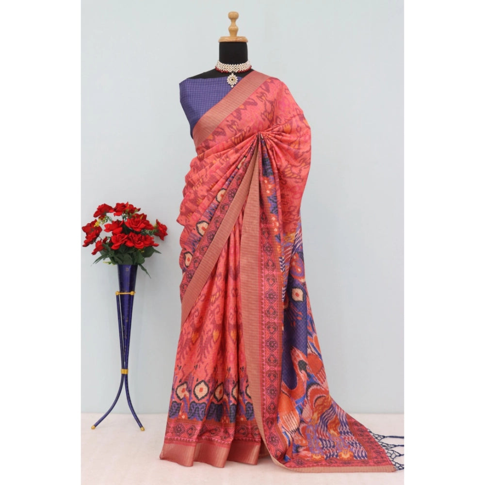 Women's Mysore Silk Digital Print Saree With Unstitched Blouse 5.5Mtr (Pink)