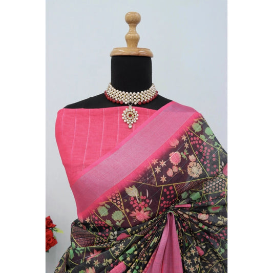 Women's Linen Digital Print Saree With Unstitched Blouse 5.5Mtr (Multicolor)