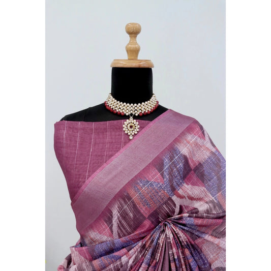 Women's Linen Digital Print Saree With Unstitched Blouse 5.5Mtr (Pink)