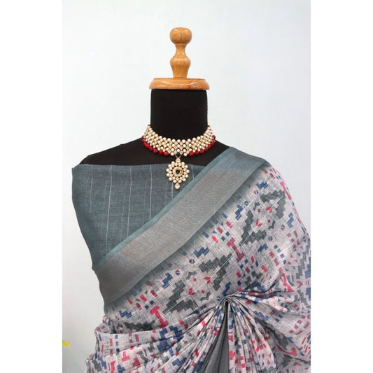 Women's Linen Digital Print Saree With Unstitched Blouse 5.5Mtr (Grey)