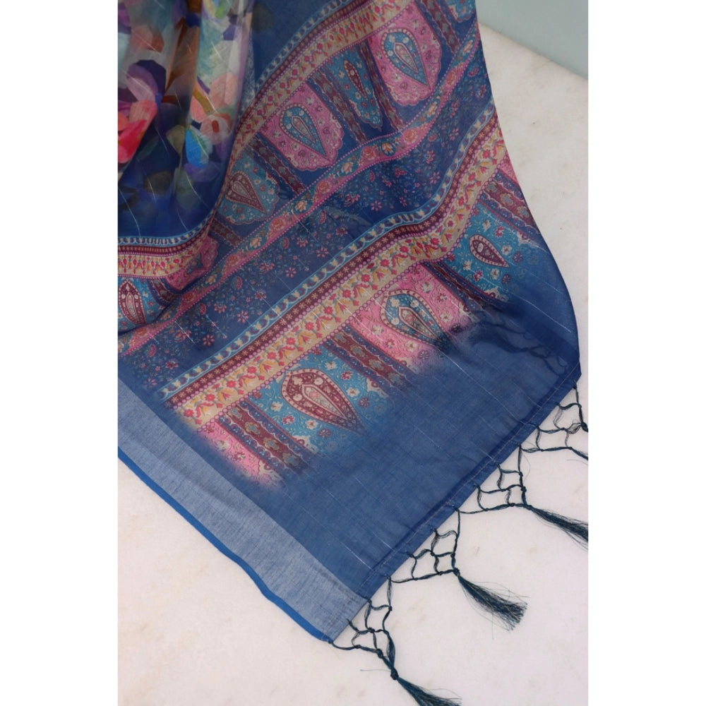 Women's Linen Digital Print Saree With Unstitched Blouse 5.5Mtr (Blue)