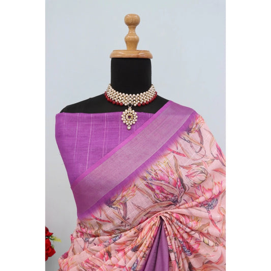 Women's Linen Digital Print Saree With Unstitched Blouse 5.5Mtr (Purple)