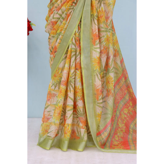 Women's Linen Digital Print Saree With Unstitched Blouse 5.5Mtr (Multicolor)